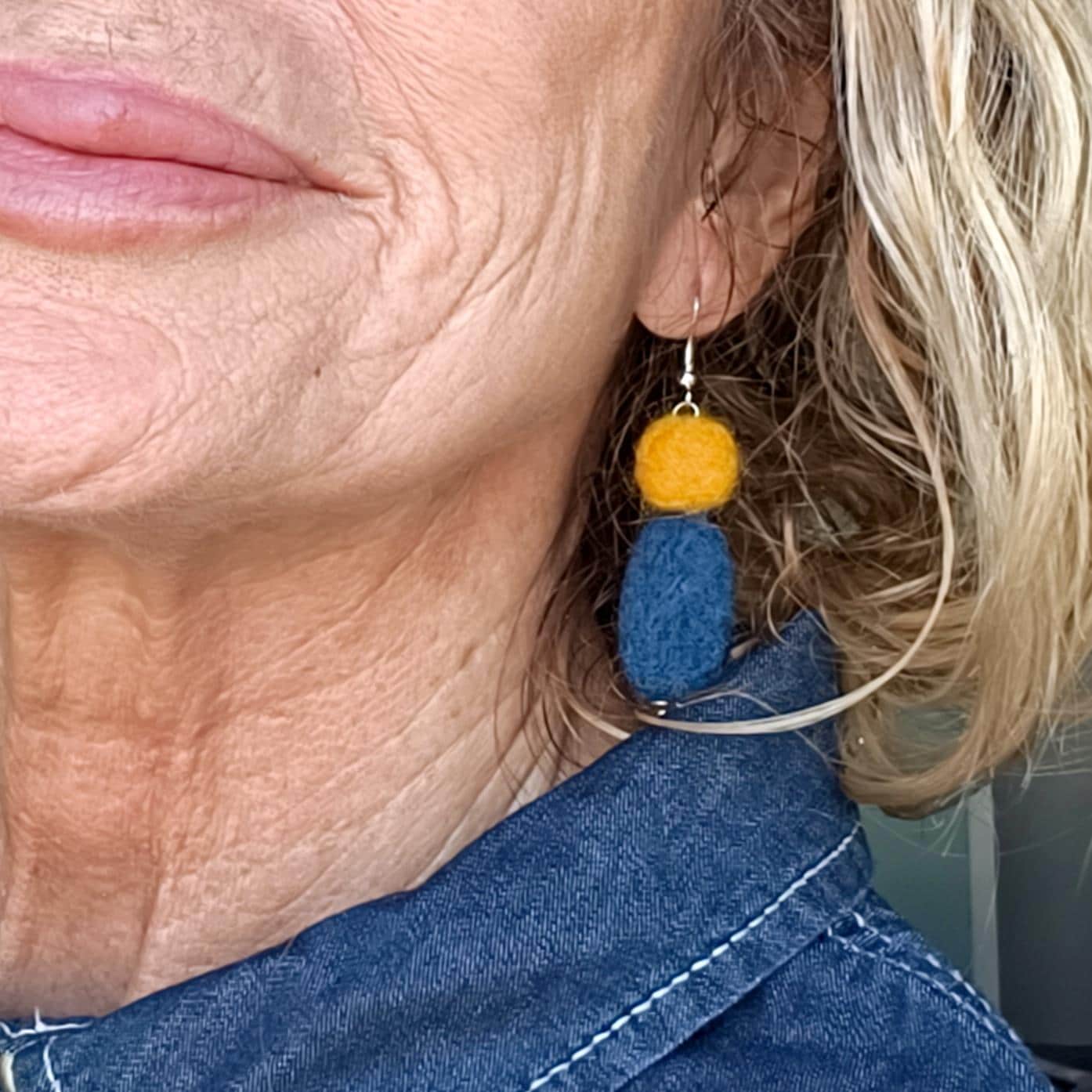 Canary Yellow & Navy Blue Felt Dangle Earrings | Handmade Boho Statement Jewelry - StepToLight