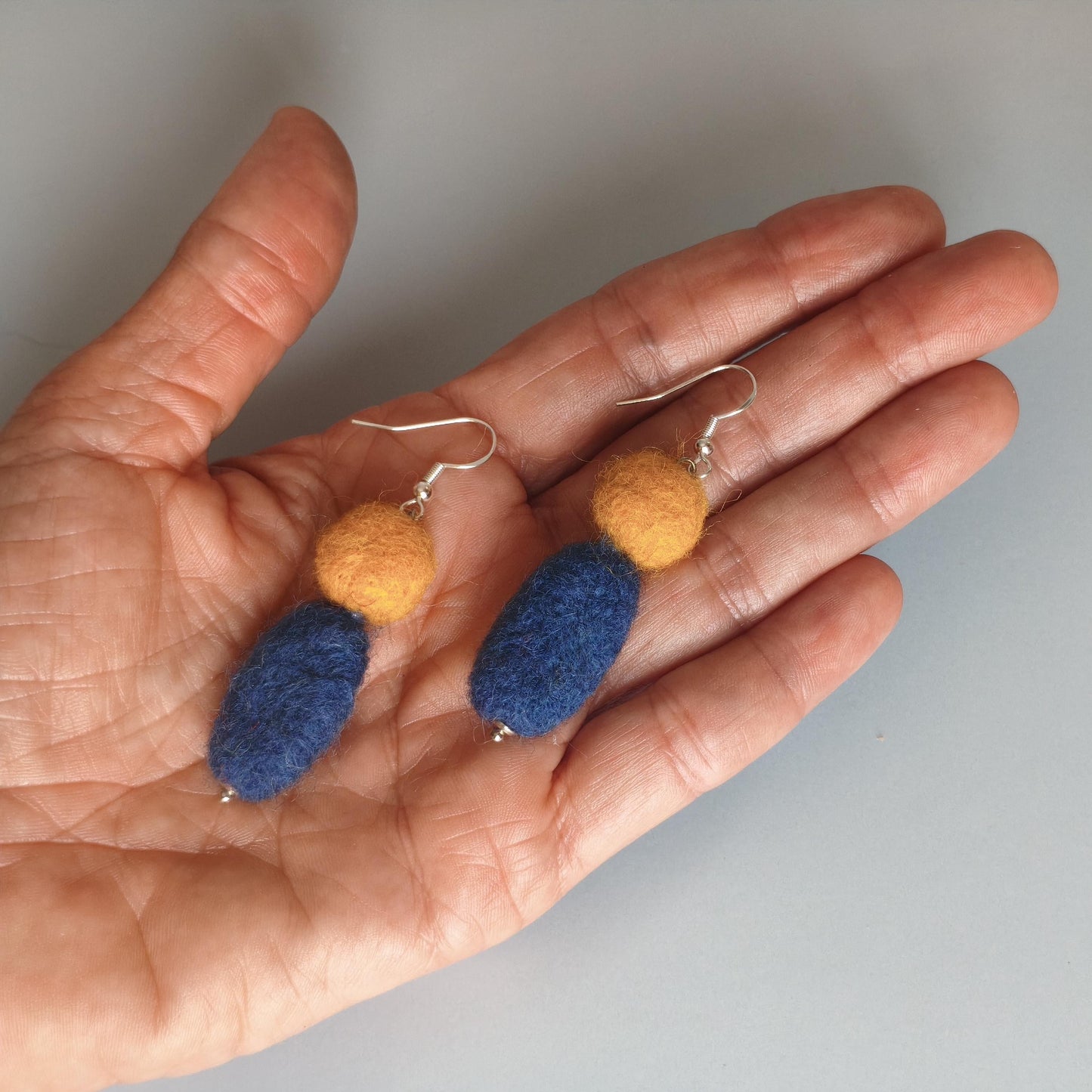 Canary Yellow & Navy Blue Felt Dangle Earrings | Handmade Boho Statement Jewelry - StepToLight
