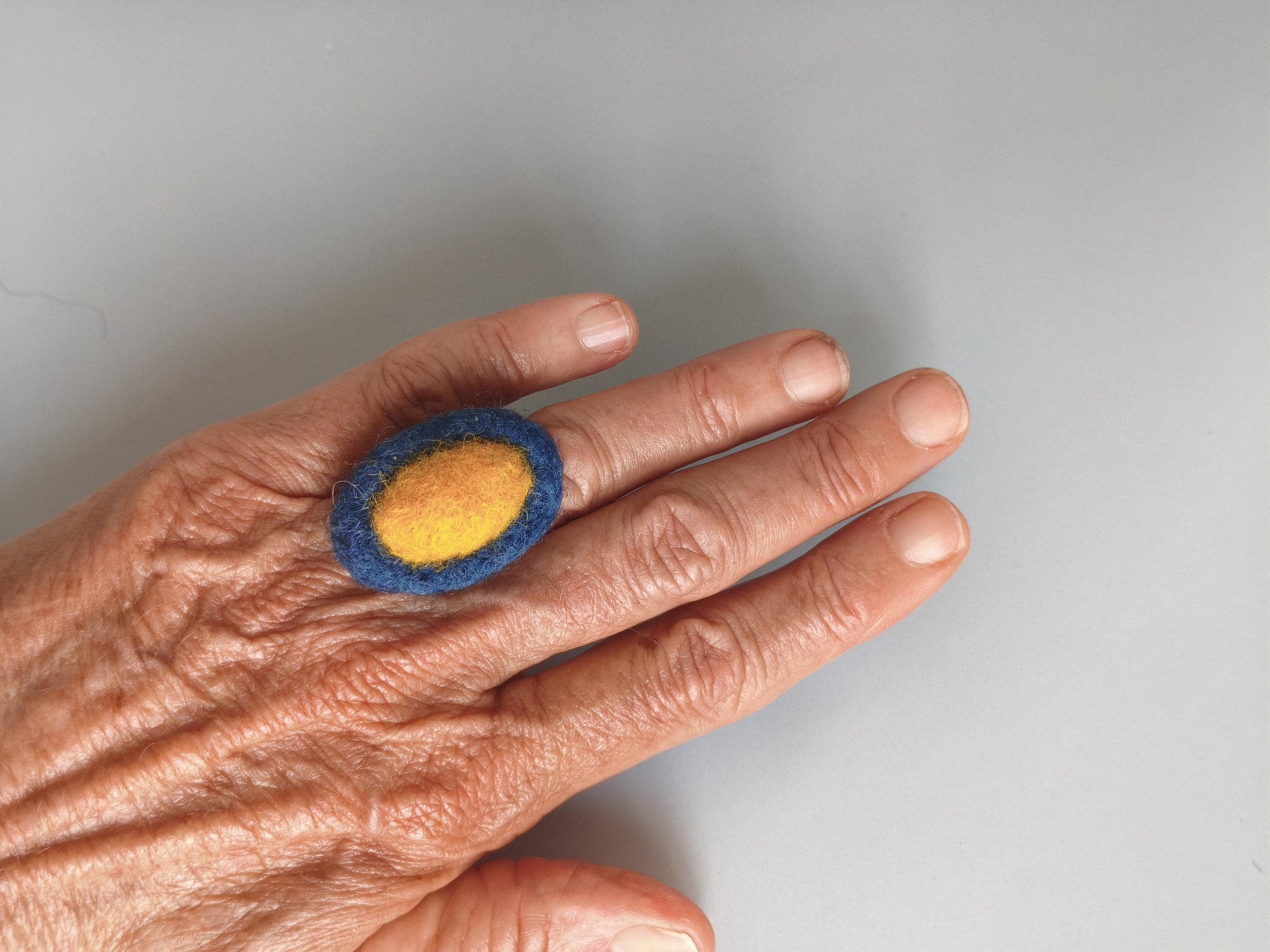 Canary Yellow Navy Blue Felt Ring - Oval Adjustable Statement Ring - Handmade Boho Jewelry - Needle Felted Merino Wool - Gift for Her - StepToLight