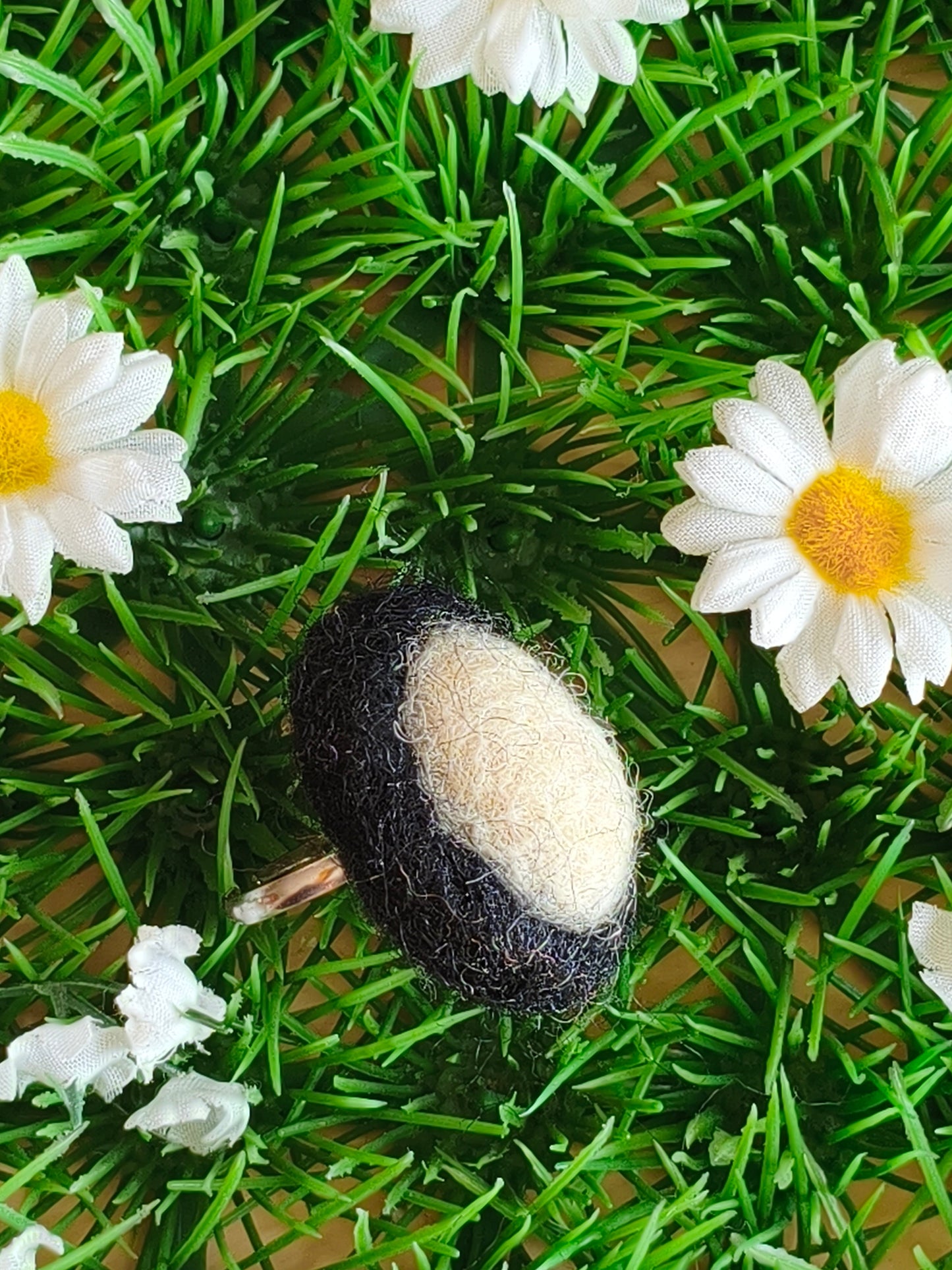Canary Yellow Navy Blue Felt Ring - Oval Adjustable Statement Ring - Handmade Boho Jewelry - Needle Felted Merino Wool - Gift for Her - StepToLight