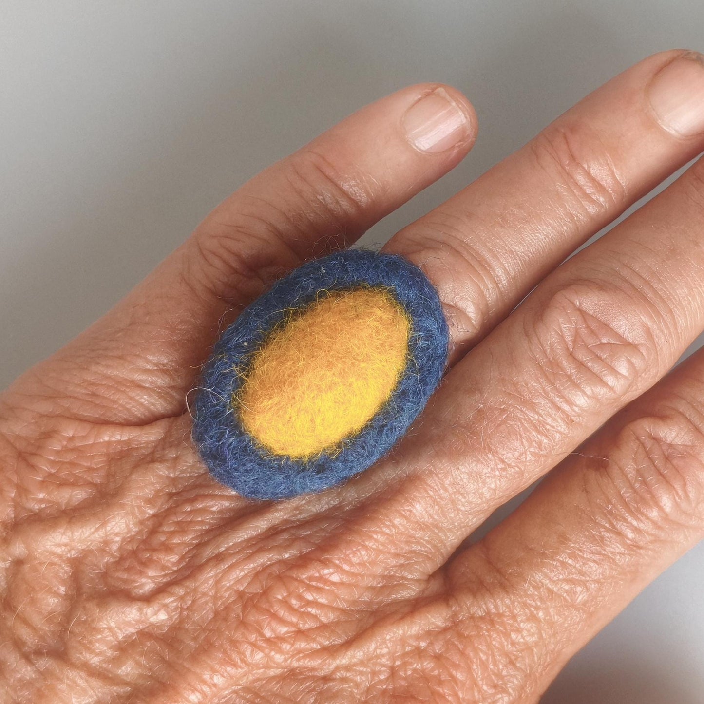 Canary Yellow Navy Blue Felt Ring - Oval Adjustable Statement Ring - Handmade Boho Jewelry - Needle Felted Merino Wool - Gift for Her - StepToLight