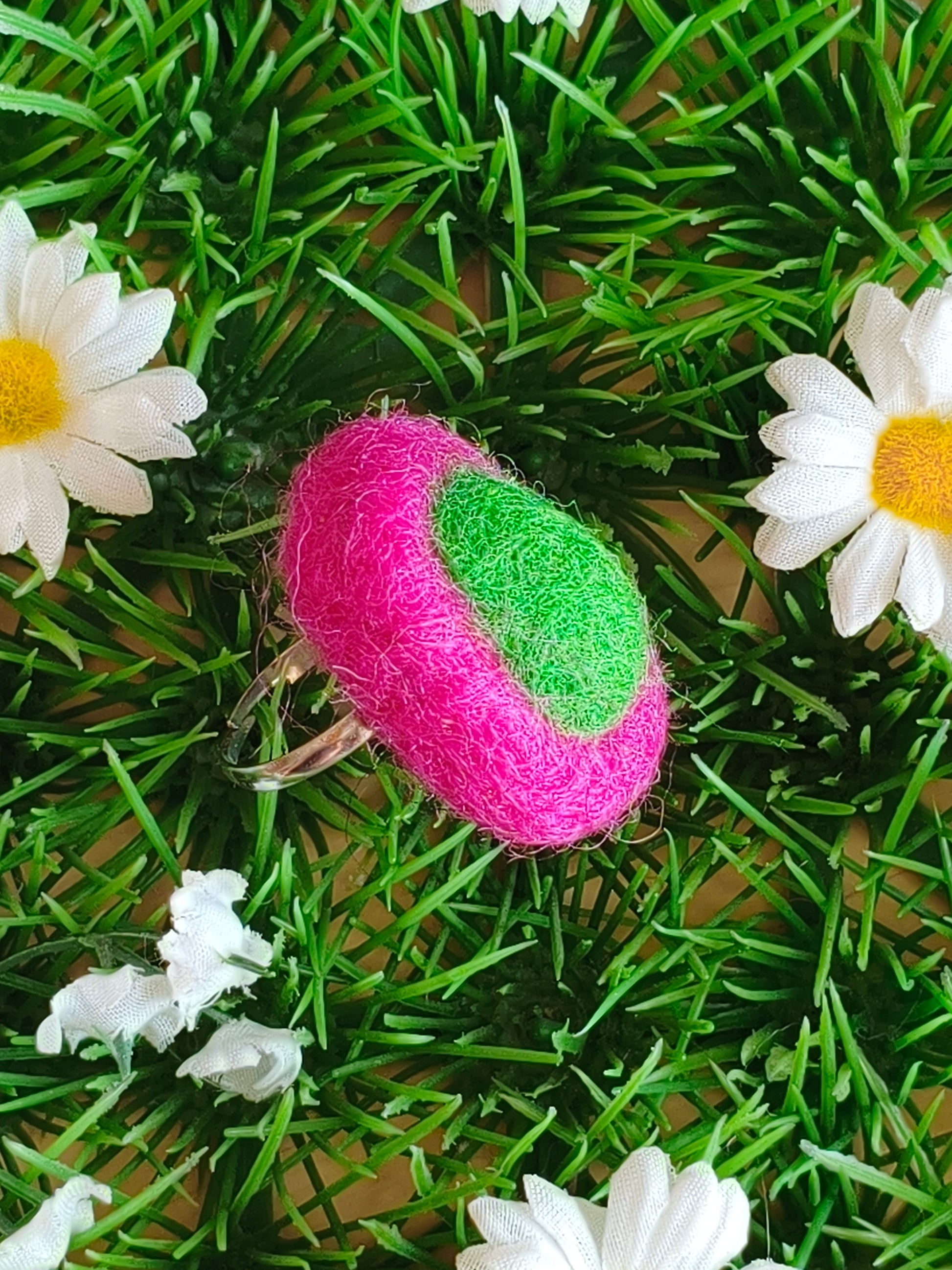 Canary Yellow Navy Blue Felt Ring - Oval Adjustable Statement Ring - Handmade Boho Jewelry - Needle Felted Merino Wool - Gift for Her - StepToLight