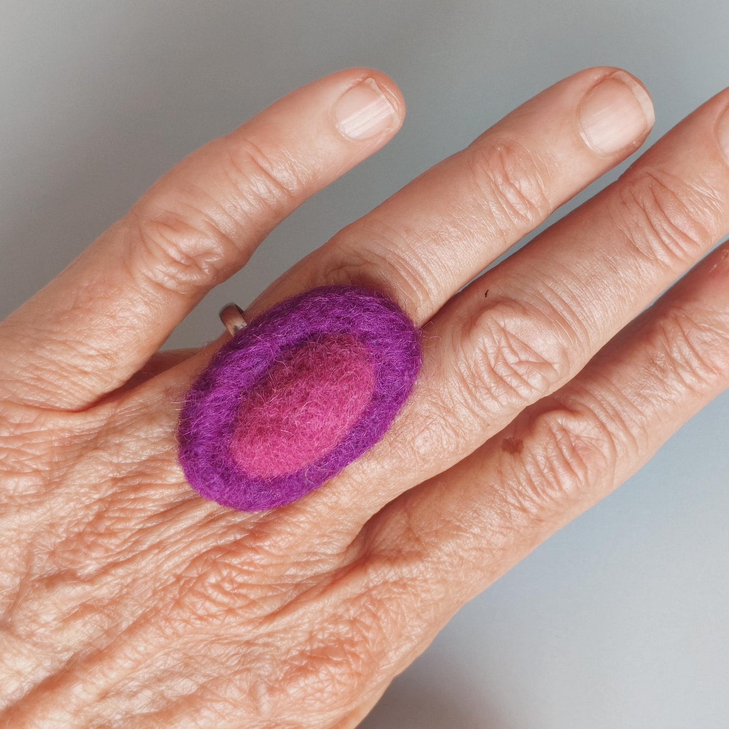 Canary Yellow Navy Blue Felt Ring - Oval Adjustable Statement Ring - Handmade Boho Jewelry - Needle Felted Merino Wool - Gift for Her - StepToLight