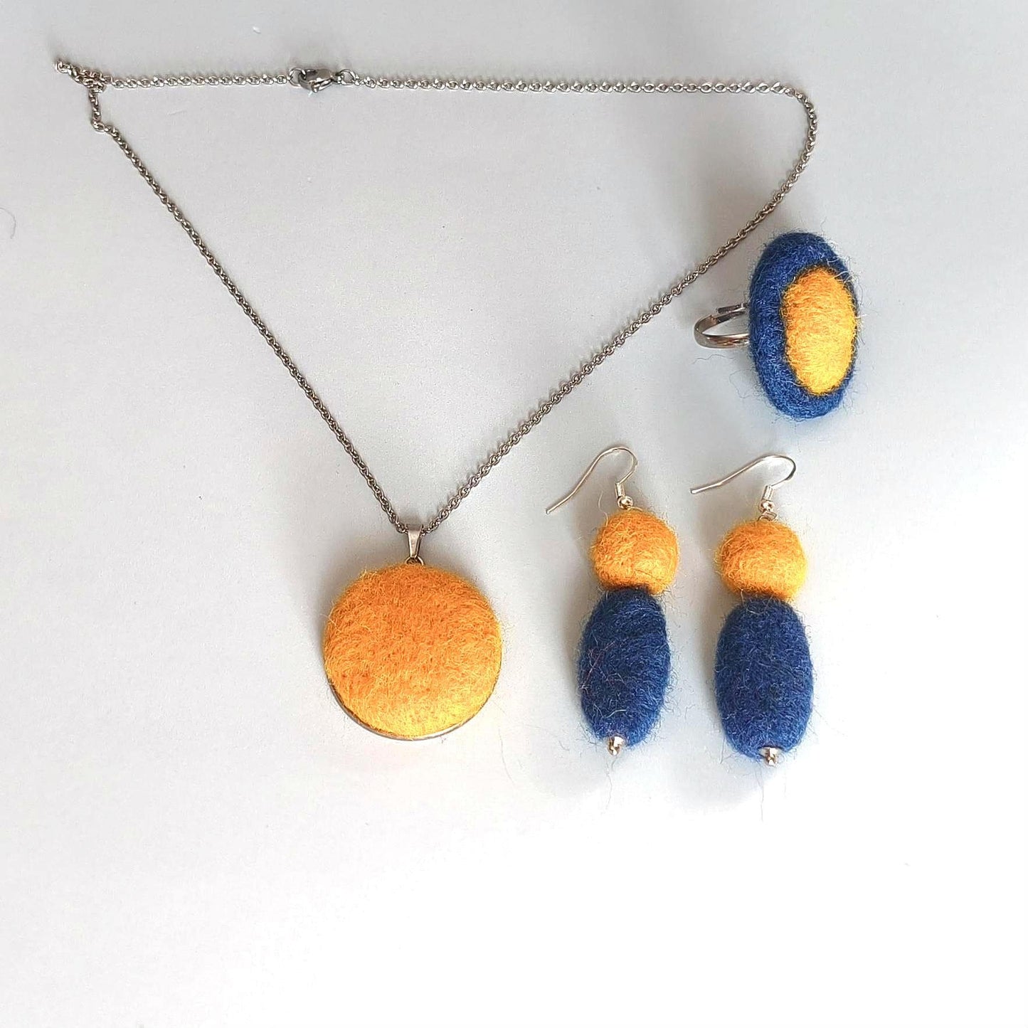 Canary Yellow Needle Felted Cabochon Necklace - Handmade Merino Wool Pendant Boho Jewelry - StepToLight