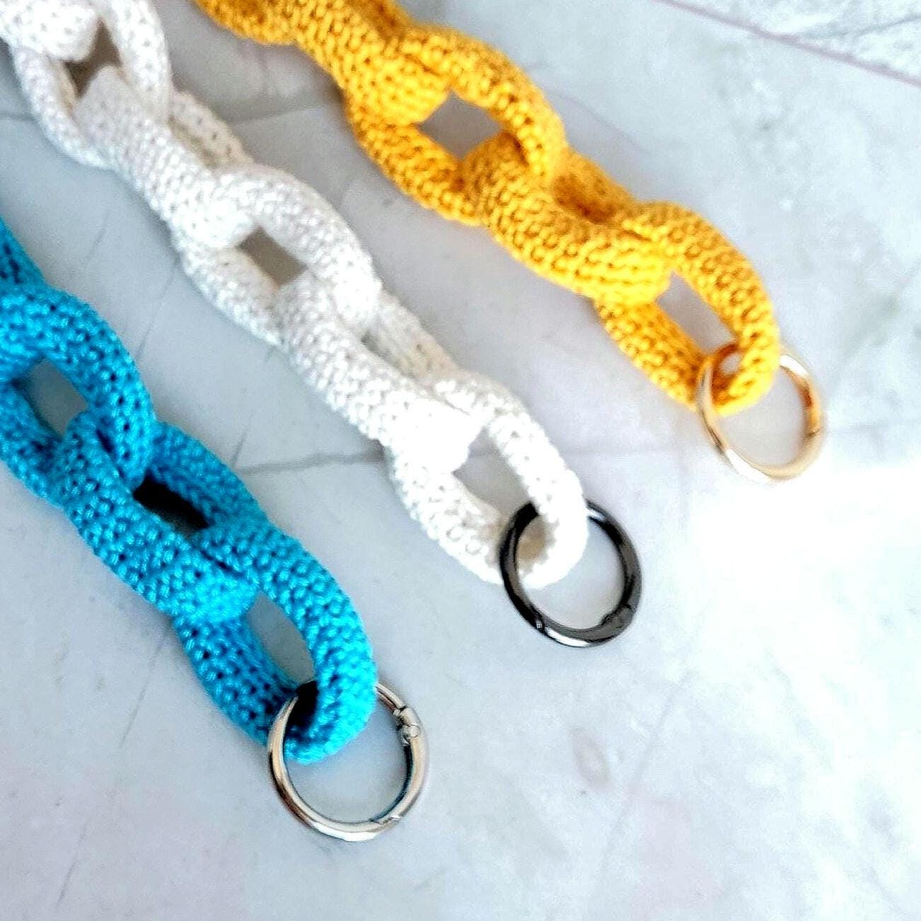 Canary Yellow Turquoise White Crochet Bag Handles - Cotton Purse Straps, Replacement Handbag Handles - StepToLight