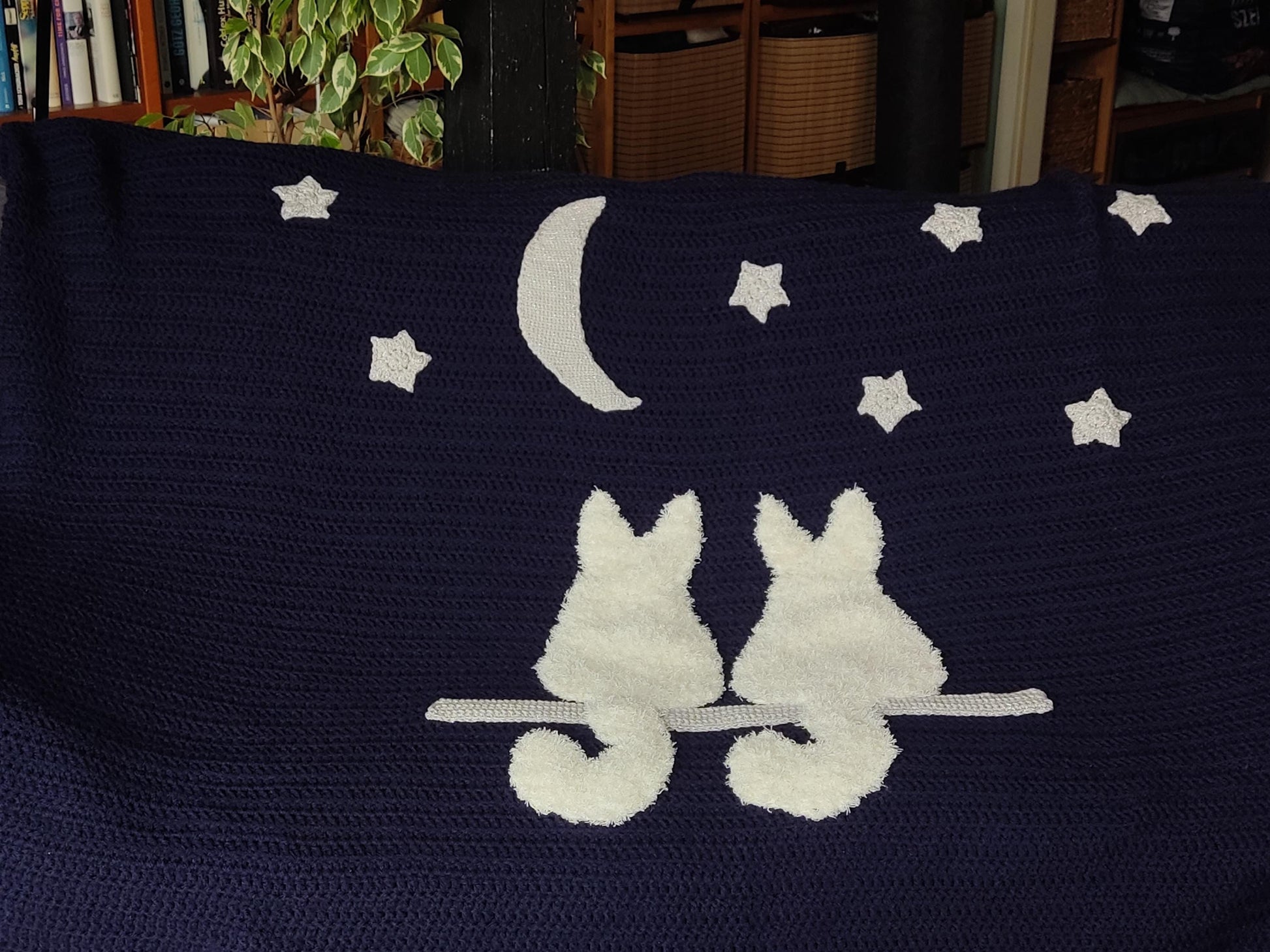 Cat Crochet Throw Blanket - Midnight Blue Moon Stars White Cats Sofa Decor - StepToLight