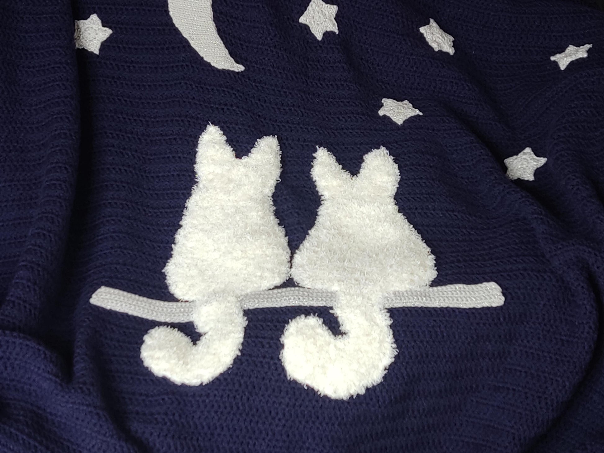 Cat Crochet Throw Blanket - Midnight Blue Moon Stars White Cats Sofa Decor - StepToLight