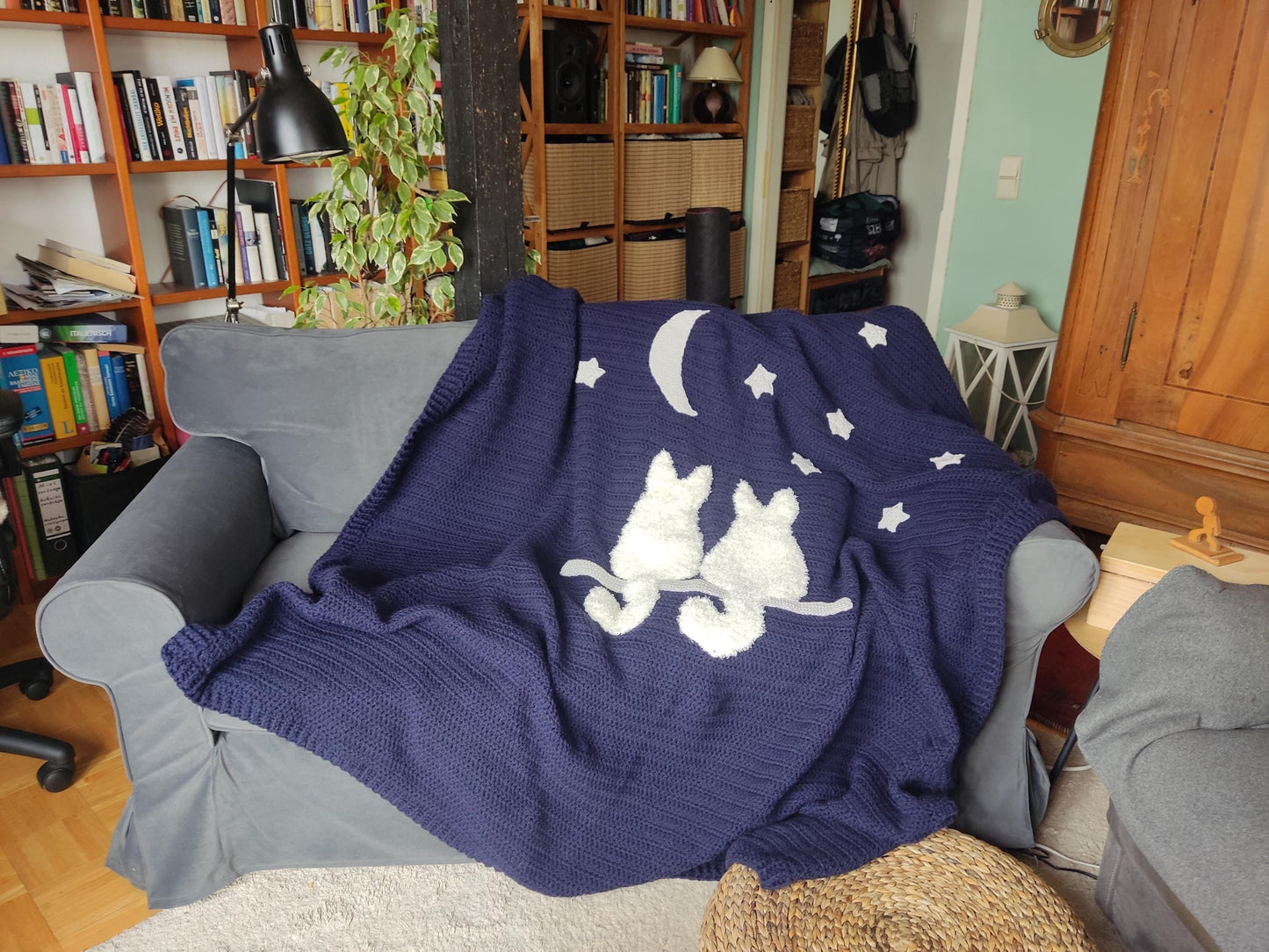 Cat Crochet Throw Blanket - Midnight Blue Moon Stars White Cats Sofa Decor - StepToLight