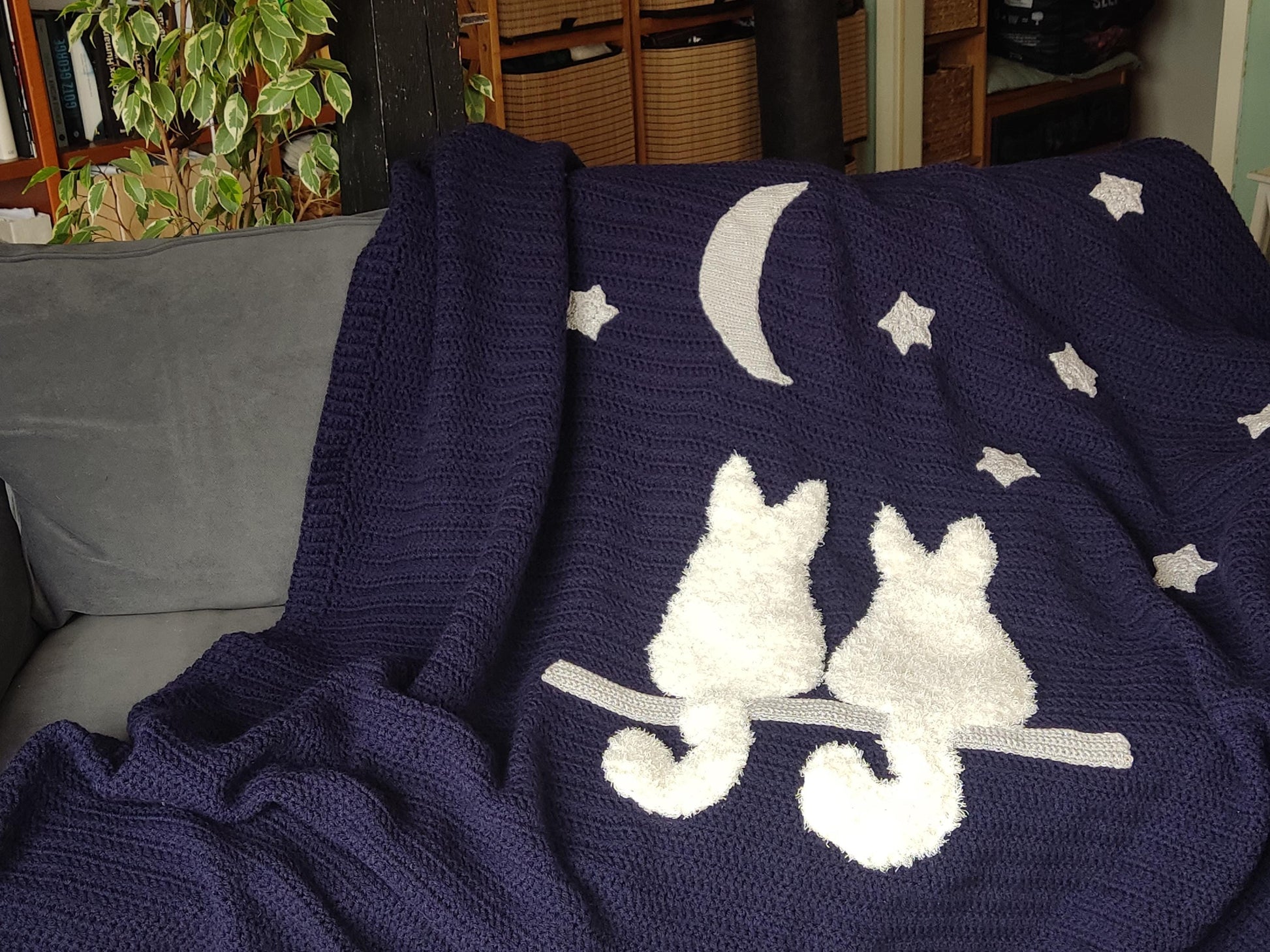 Cat Crochet Throw Blanket - Midnight Blue Moon Stars White Cats Sofa Decor - StepToLight