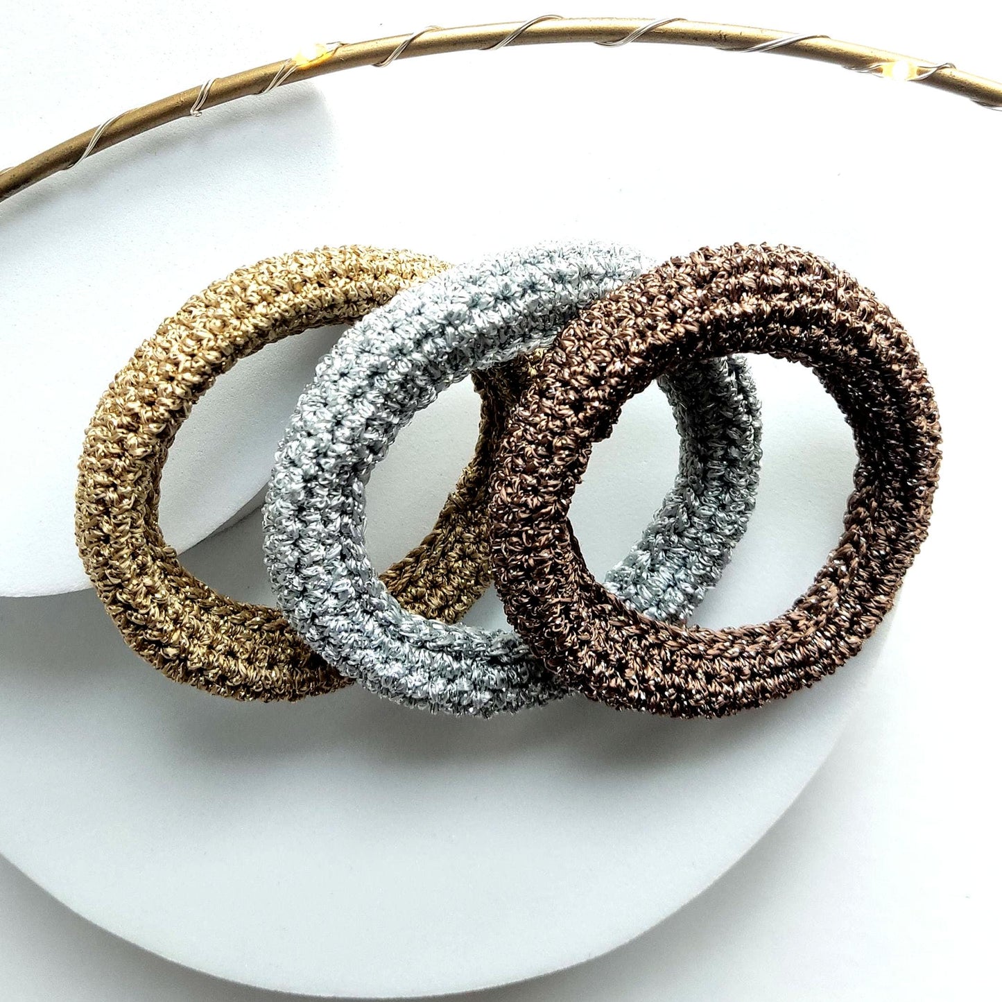 Chunky Crochet Bangle Bracelet Set - Gold Silver Bronze Metallic Yarn - Stackable Statement Jewelry - StepToLight
