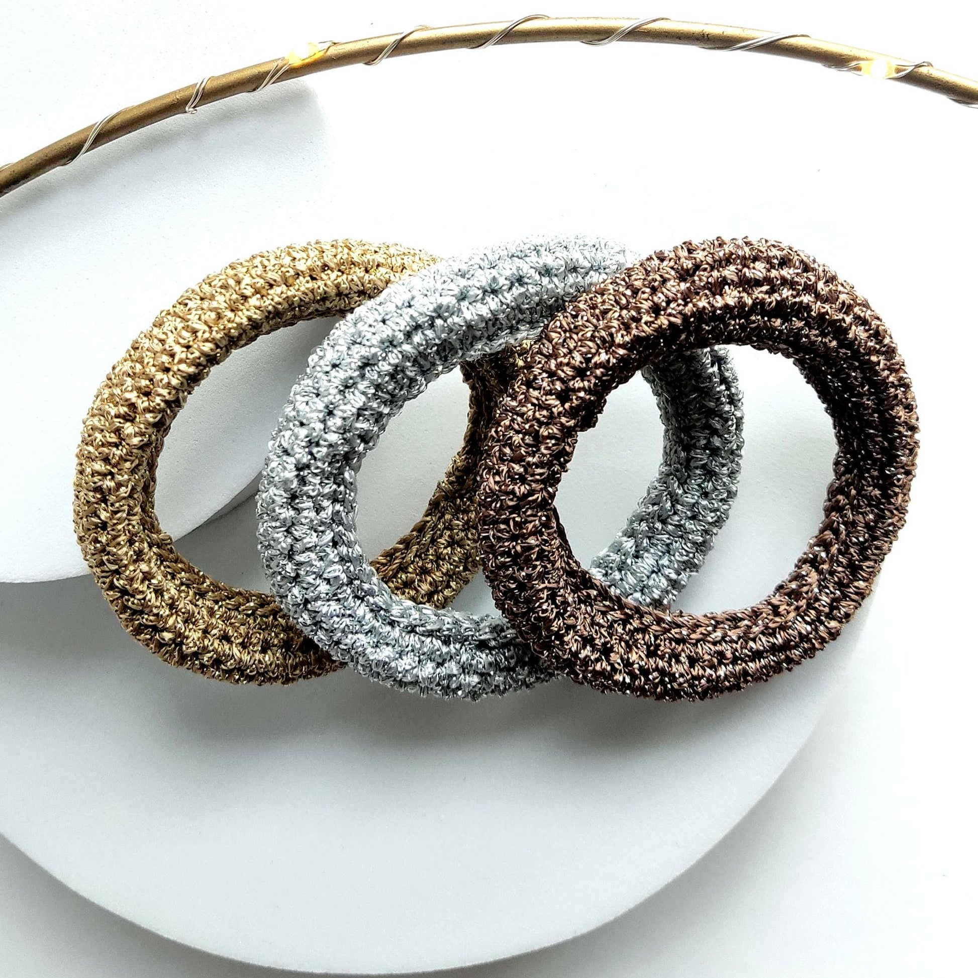 Chunky Crochet Bangle Bracelet Set - Gold Silver Bronze Metallic Yarn - Stackable Statement Jewelry - StepToLight