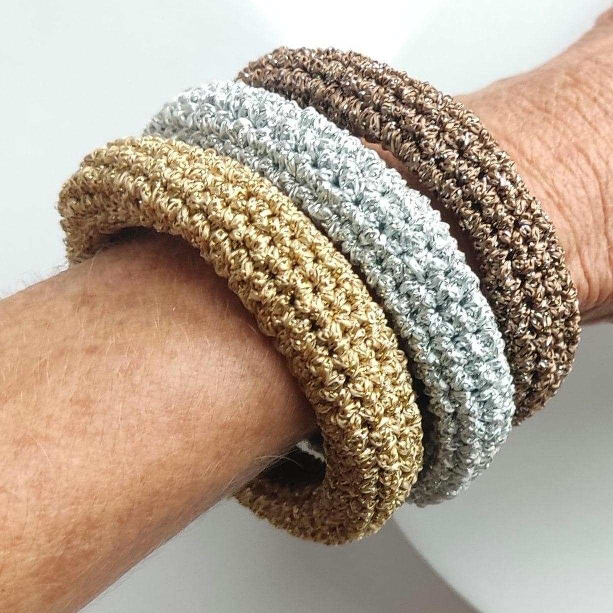 Chunky Crochet Bangle Bracelet Set - Gold Silver Bronze Metallic Yarn - Stackable Statement Jewelry - StepToLight