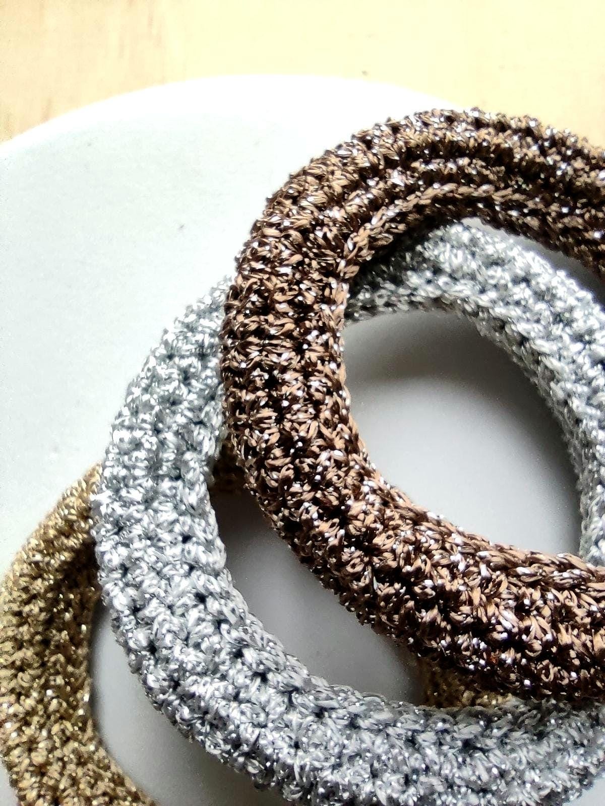 Chunky Crochet Bangle Bracelet Set - Gold Silver Bronze Metallic Yarn - Stackable Statement Jewelry - StepToLight