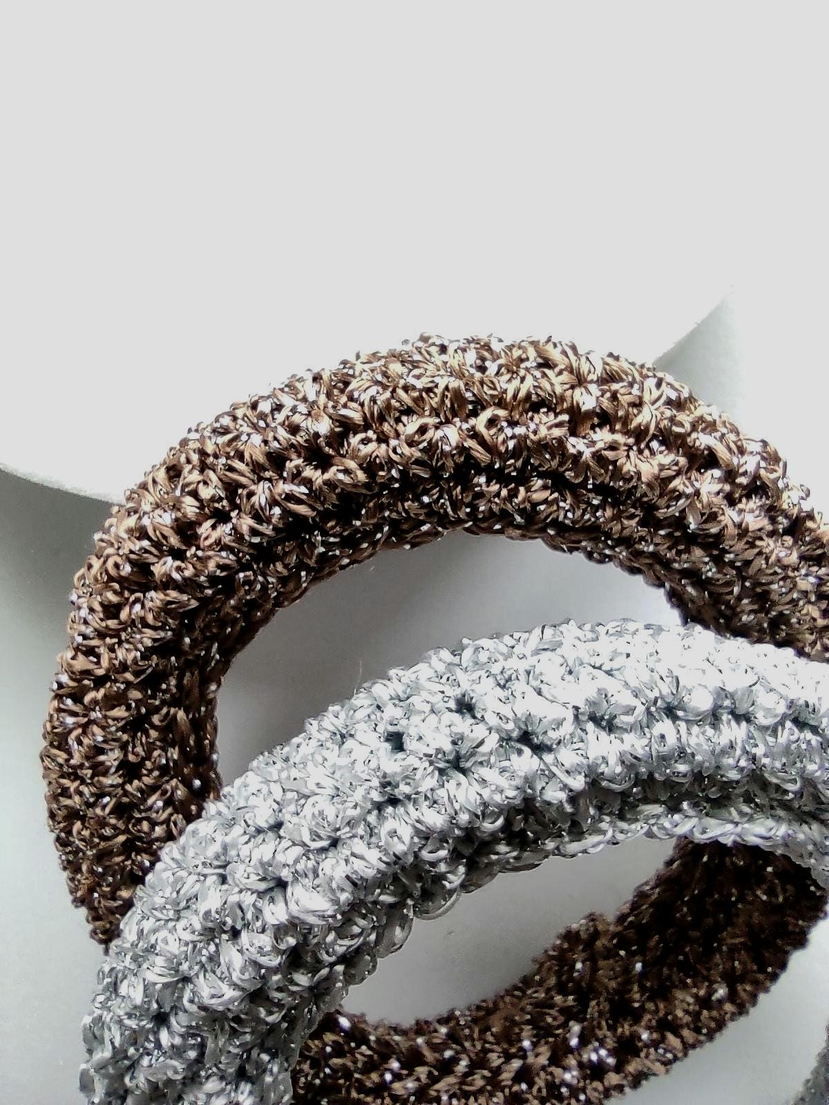Chunky Crochet Bangle Bracelet Set - Gold Silver Bronze Metallic Yarn - Stackable Statement Jewelry - StepToLight
