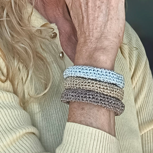 Chunky Crochet Bangle Bracelet Set - Gold Silver Bronze Metallic Yarn - Stackable Statement Jewelry - StepToLight