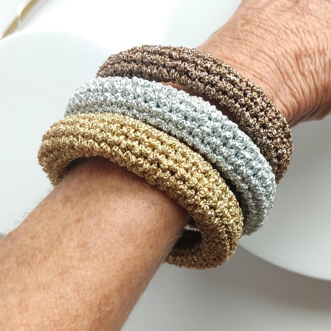 Chunky Crochet Bangle Bracelet Set - Gold Silver Bronze Metallic Yarn - Stackable Statement Jewelry - StepToLight
