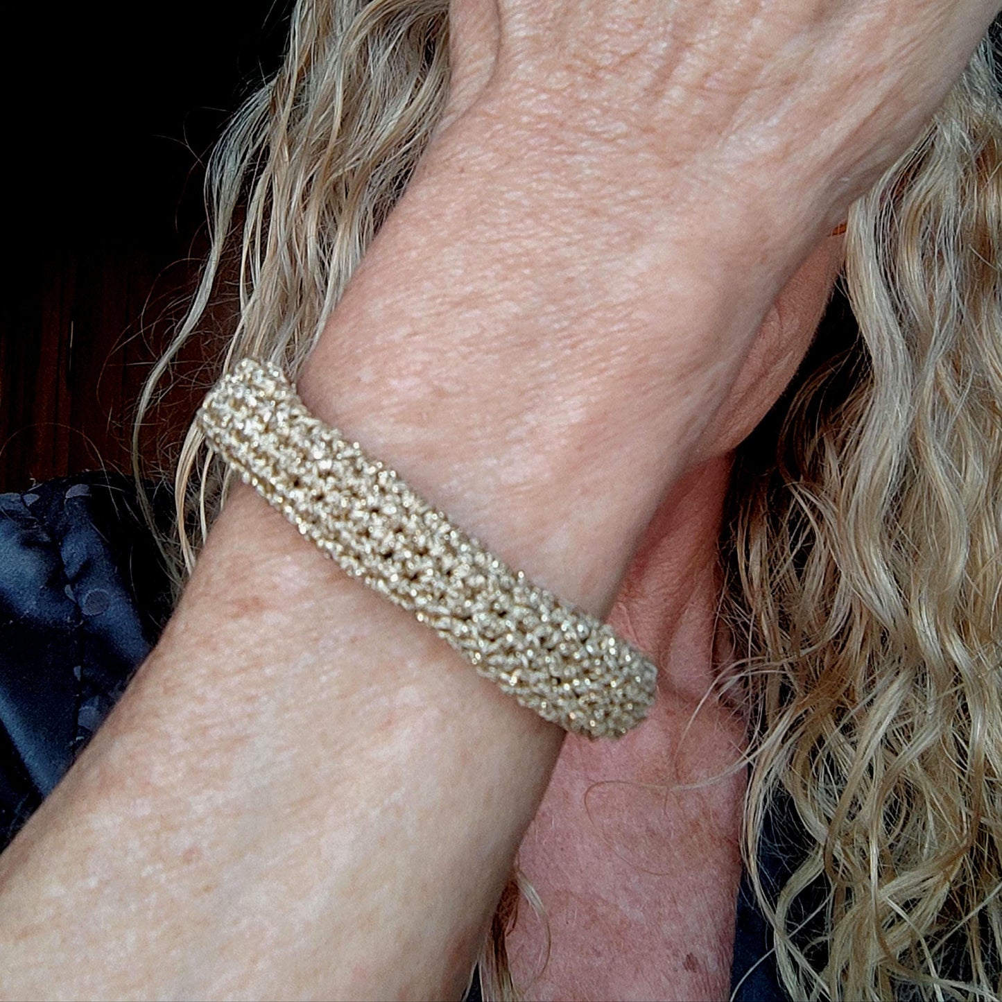 Chunky Crochet Bangle Bracelet Set - Gold Silver Bronze Metallic Yarn - Stackable Statement Jewelry - StepToLight