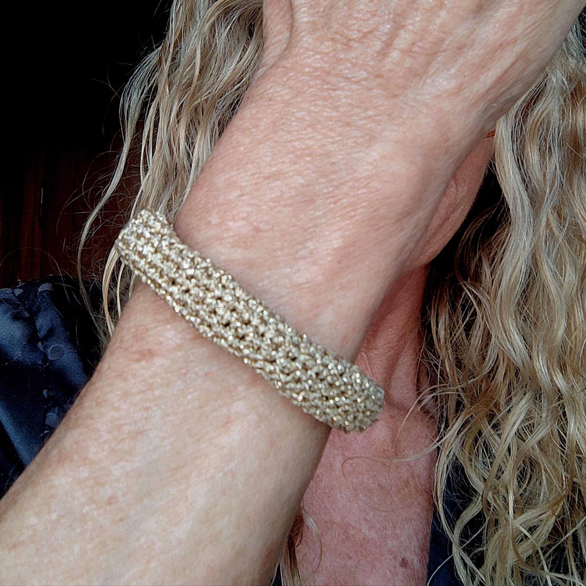 Chunky Crochet Bangle Bracelet Set - Gold Silver Bronze Metallic Yarn - Stackable Statement Jewelry - StepToLight