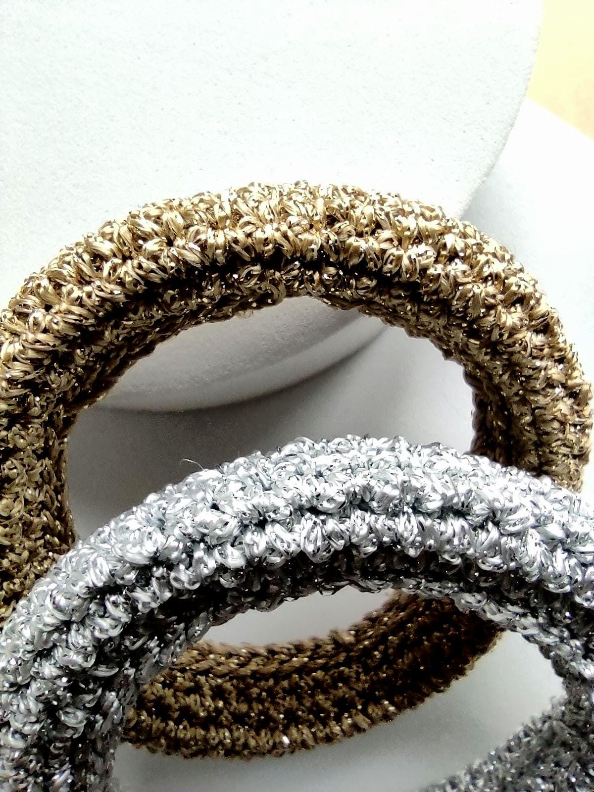 Chunky Crochet Bangle Bracelet Set - Gold Silver Bronze Metallic Yarn - Stackable Statement Jewelry - StepToLight