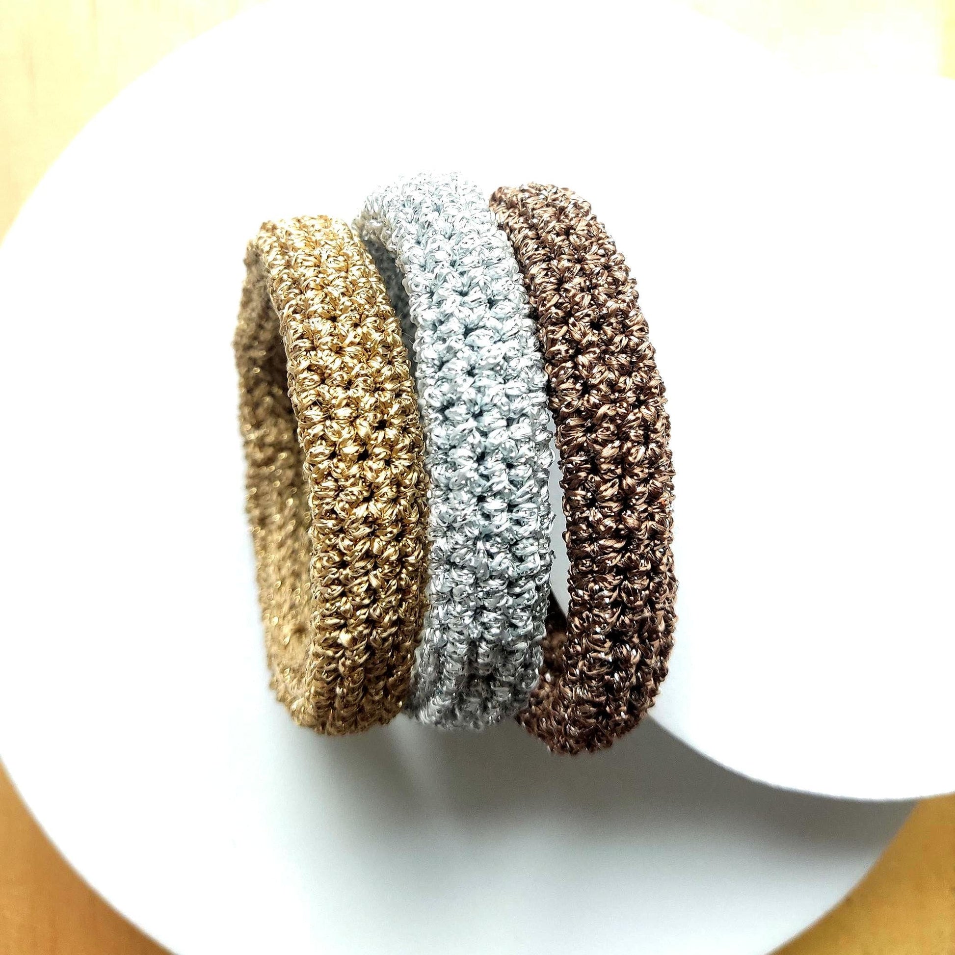 Chunky Crochet Bangle Bracelet Set - Gold Silver Bronze Metallic Yarn - Stackable Statement Jewelry - StepToLight