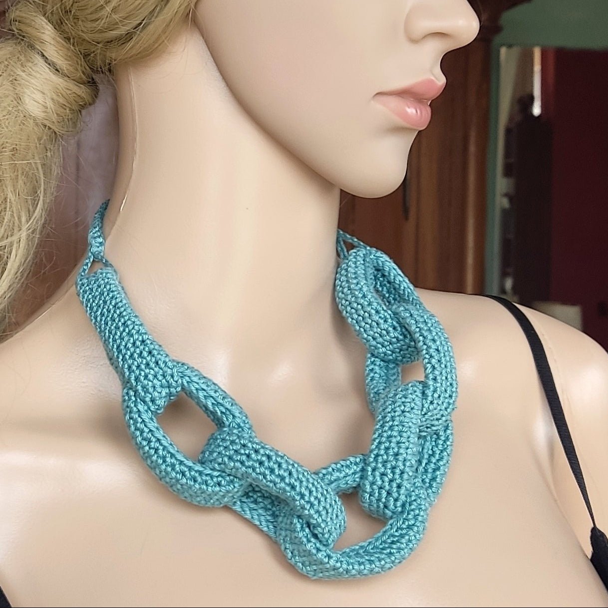 Chunky Crochet Cotton Statement Necklace: Turquoise Spring Summer Jewelry - StepToLight
