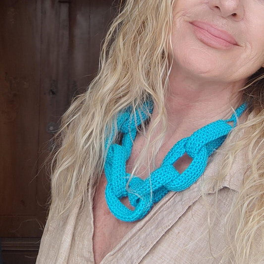 Chunky Crochet Cotton Statement Necklace: Turquoise Spring Summer Jewelry - StepToLight