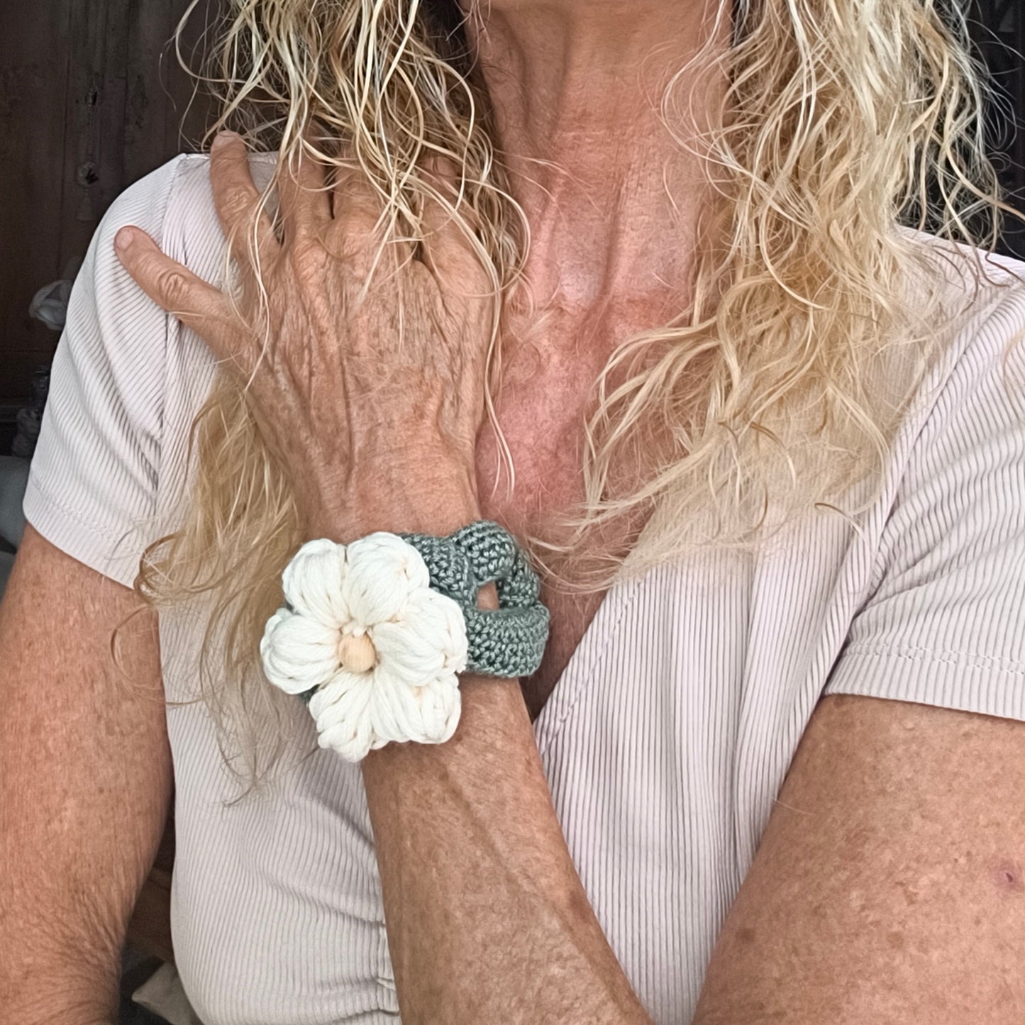 Chunky Crochet Flower Bracelet - Boho Daisy Cuff Cotton Jewelry - StepToLight