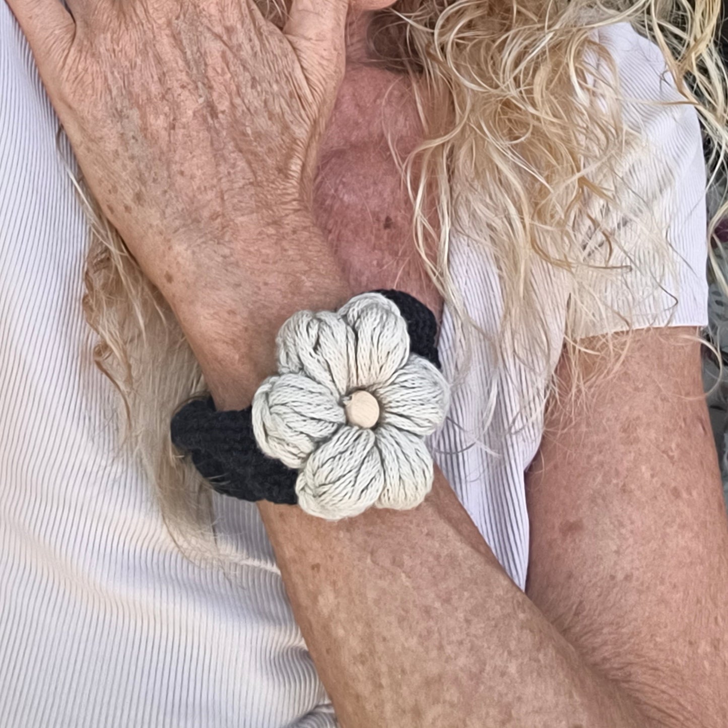 Chunky Crochet Flower Bracelet - Boho Daisy Cuff Cotton Jewelry - StepToLight