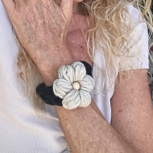 Chunky Crochet Flower Bracelet - Boho Daisy Cuff Cotton Jewelry - StepToLight