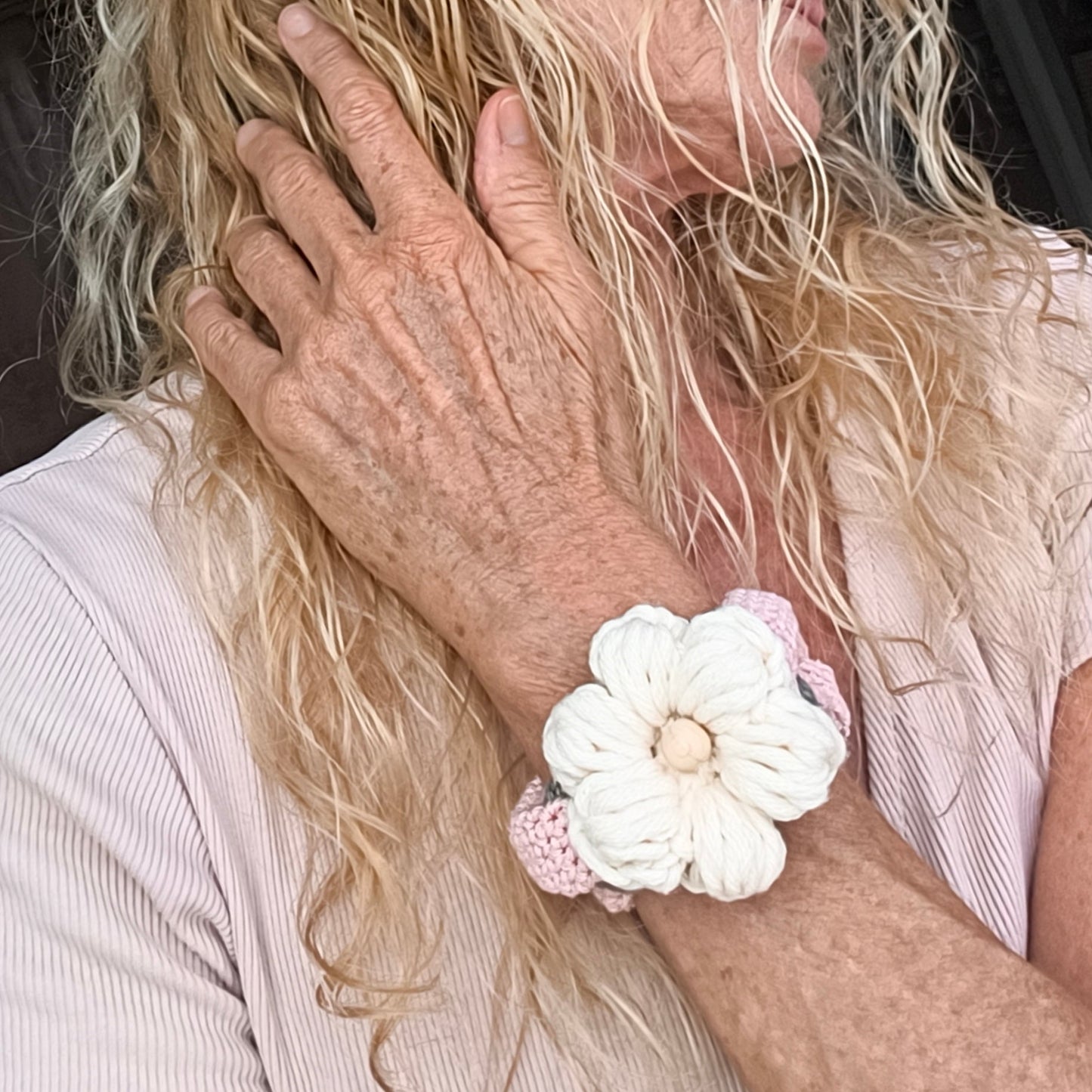 Chunky Crochet Flower Bracelet - Boho Daisy Cuff Cotton Jewelry - StepToLight