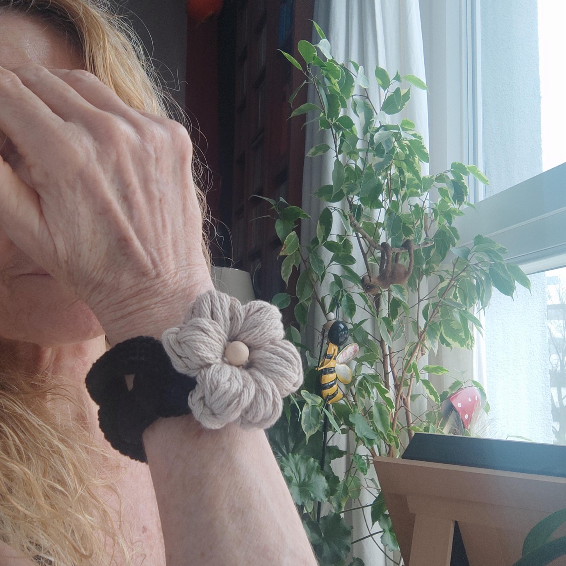 Chunky Crochet Flower Bracelet - Boho Daisy Cuff Cotton Jewelry - StepToLight