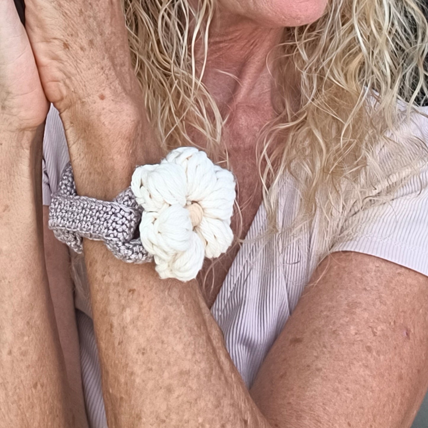 Chunky Crochet Flower Bracelet - Boho Daisy Cuff Cotton Jewelry - StepToLight