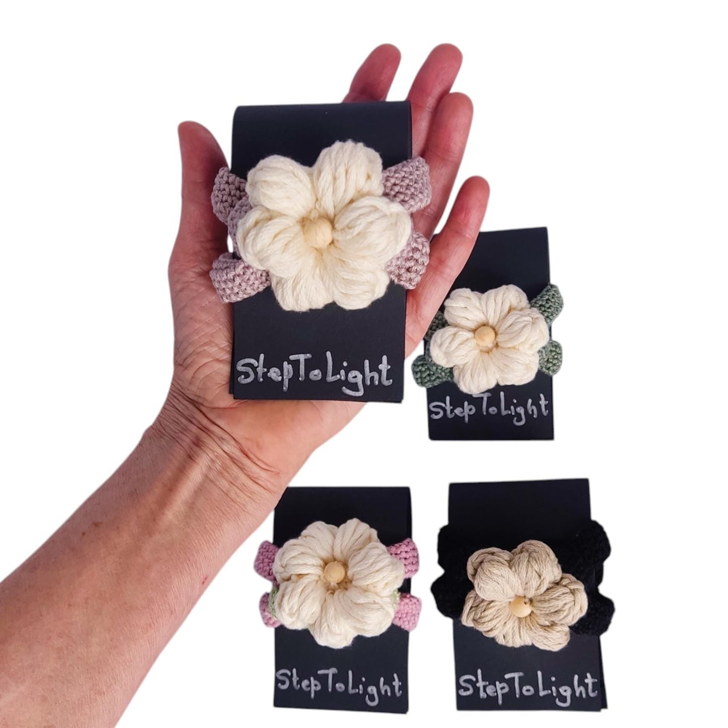 Chunky Crochet Flower Bracelet - Boho Daisy Cuff Cotton Jewelry - StepToLight