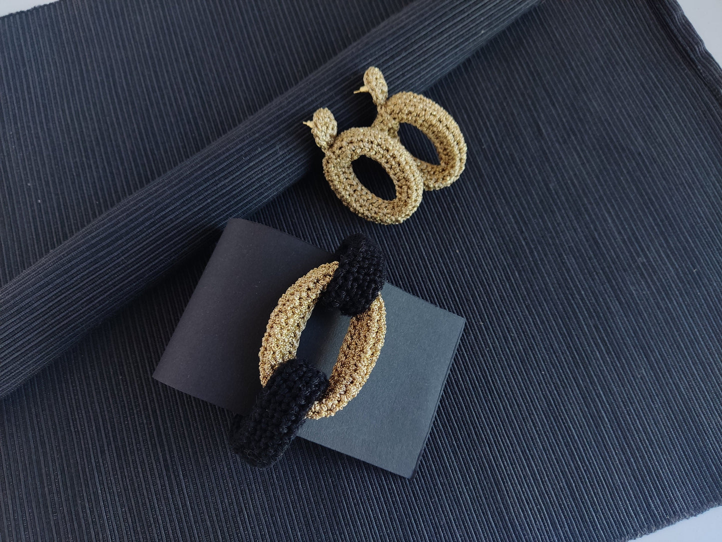 Chunky Crochet Hoop Earrings: Golden Yarn, Gold Plated Studs - StepToLight
