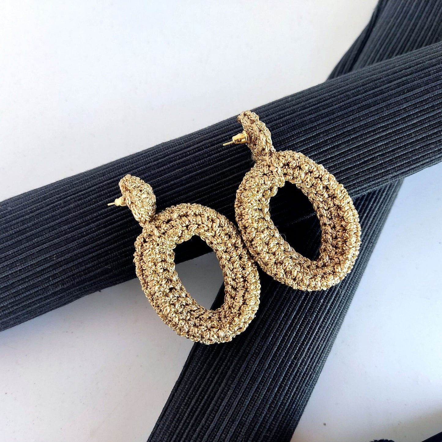 Chunky Crochet Hoop Earrings: Golden Yarn, Gold Plated Studs - StepToLight
