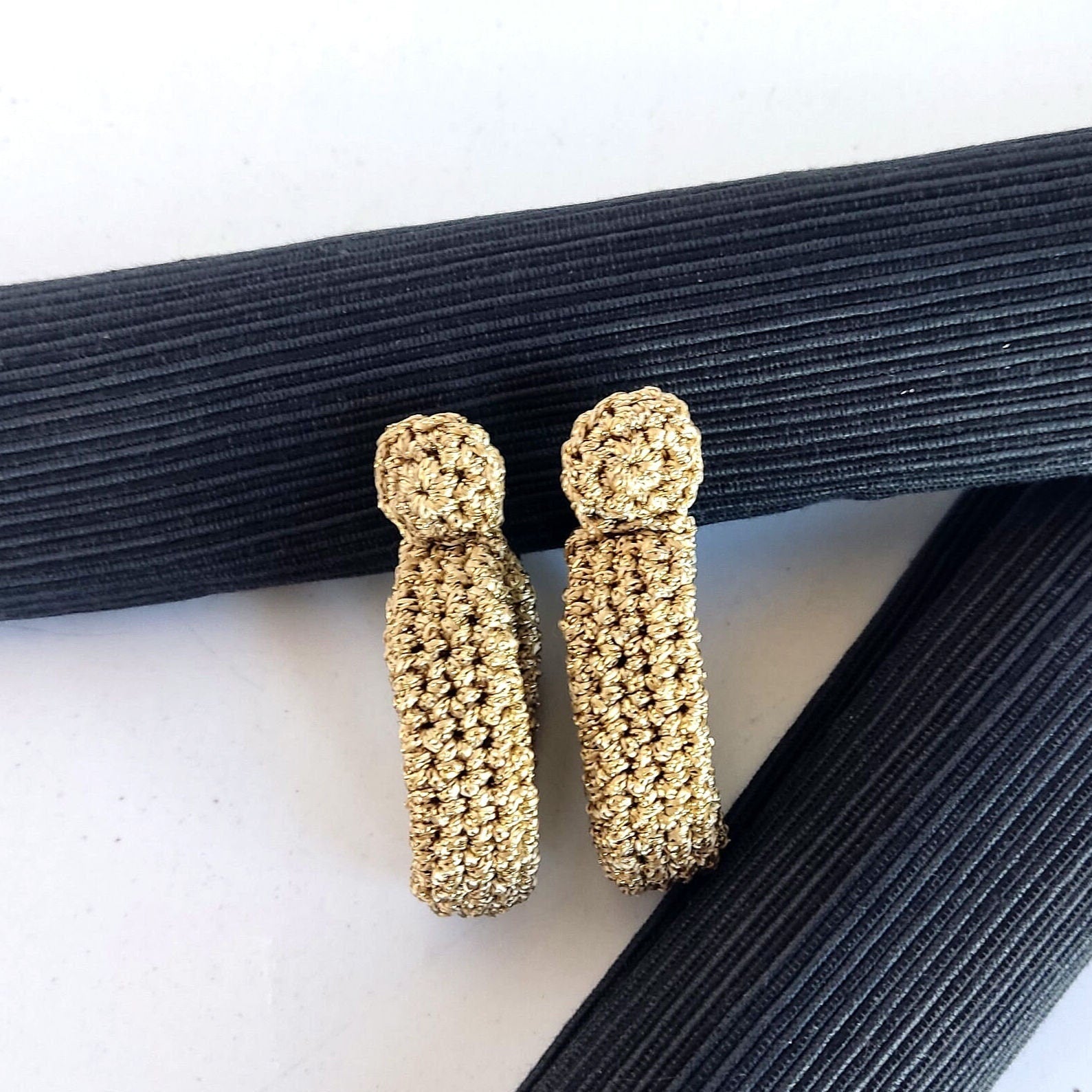 Chunky Crochet Hoop Earrings: Golden Yarn, Gold Plated Studs - StepToLight