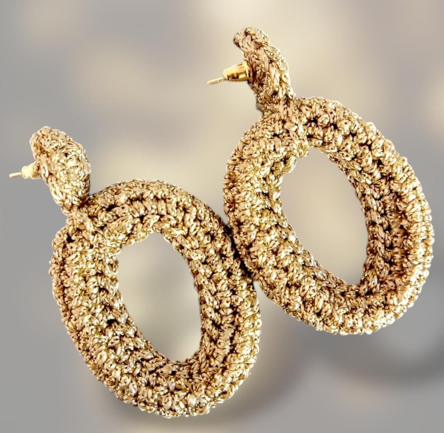 Chunky Crochet Hoop Earrings: Golden Yarn, Gold Plated Studs - StepToLight