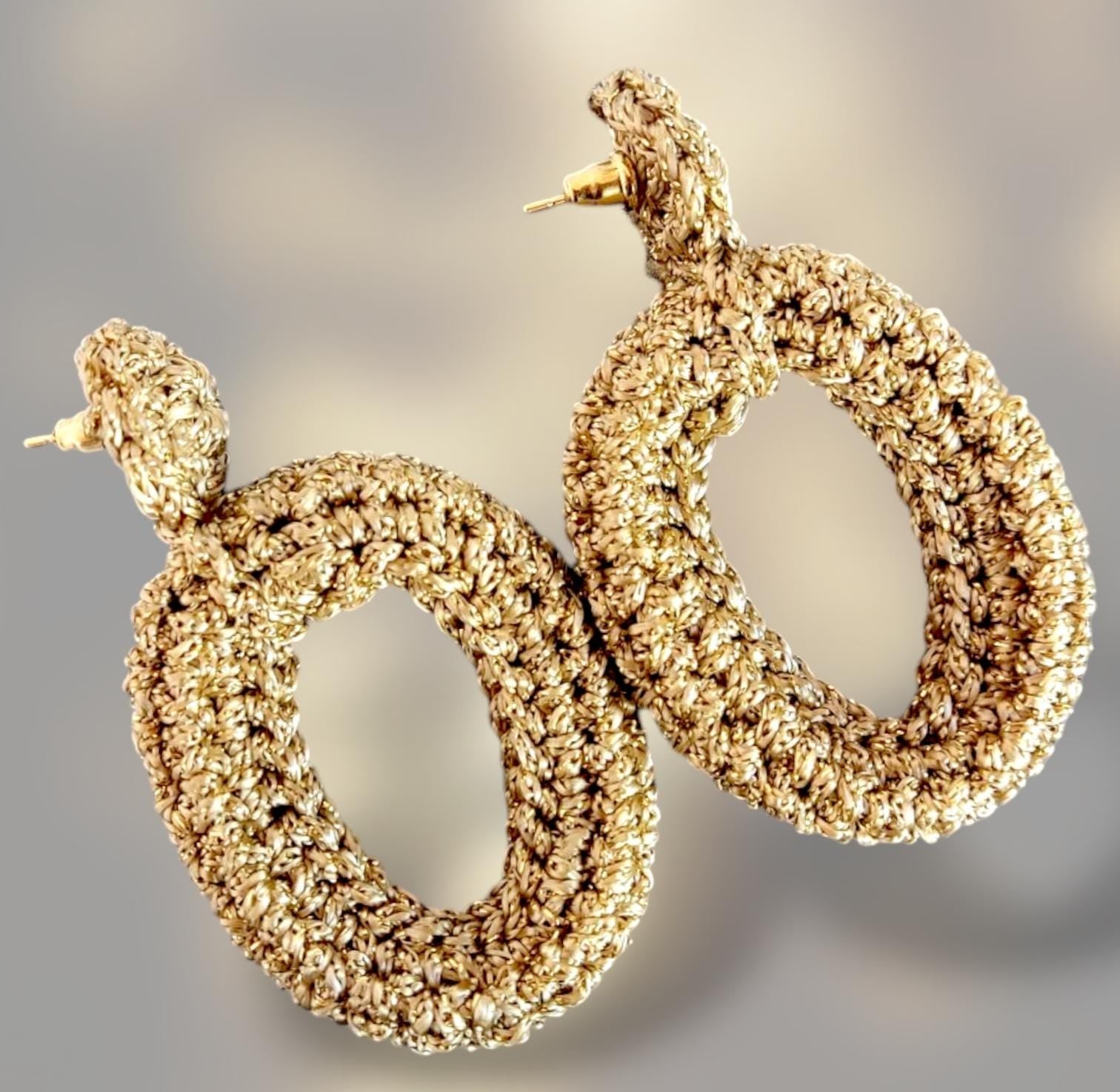 Chunky Crochet Hoop Earrings: Golden Yarn, Gold Plated Studs - StepToLight