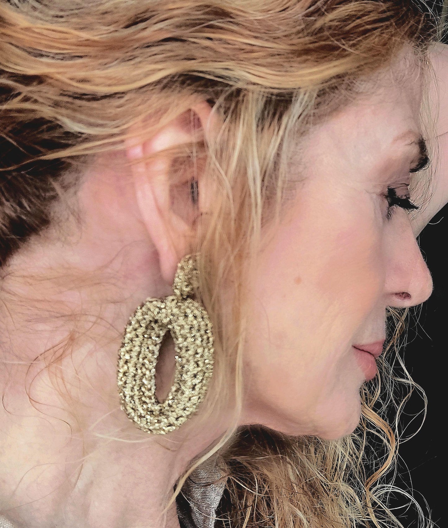 Chunky Crochet Hoop Earrings: Golden Yarn, Gold Plated Studs - StepToLight
