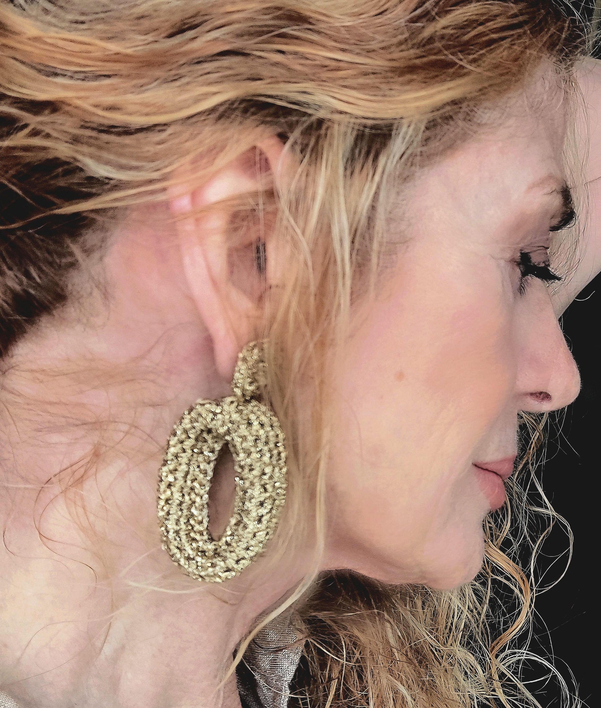 Chunky Crochet Hoop Earrings: Golden Yarn, Gold Plated Studs - StepToLight