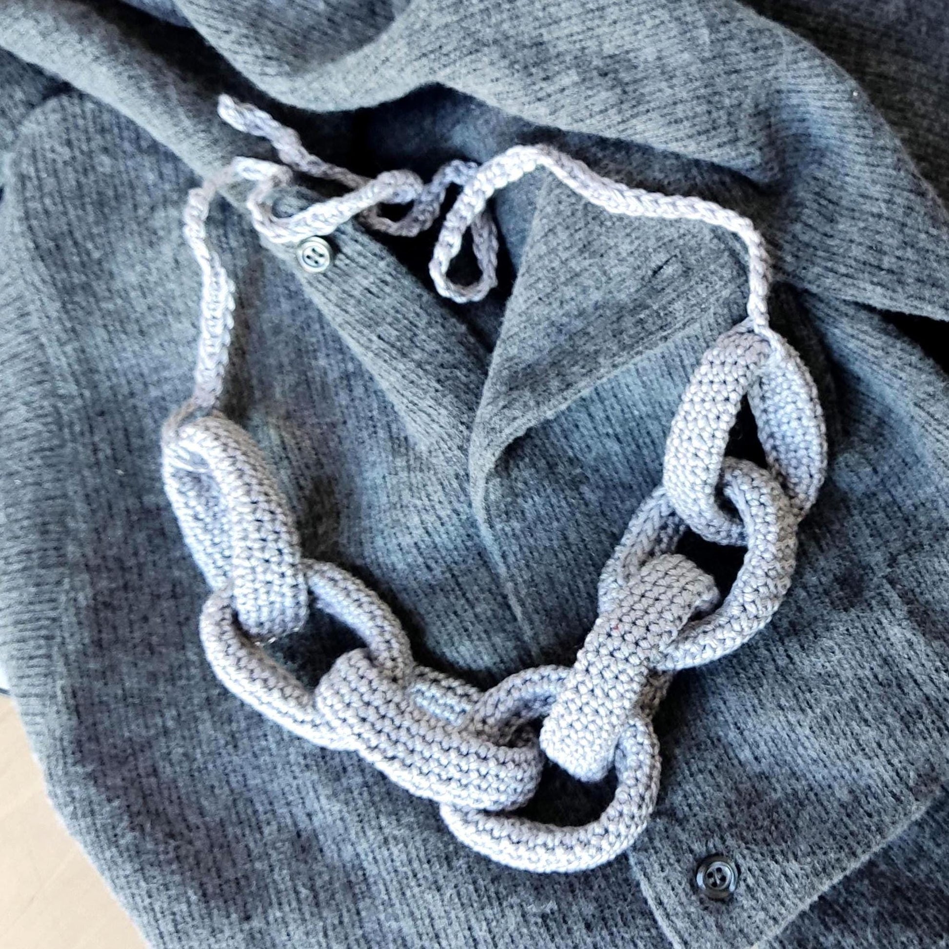 Chunky Crochet Yarn Necklace: Gray Handmade Statement Jewelry - StepToLight