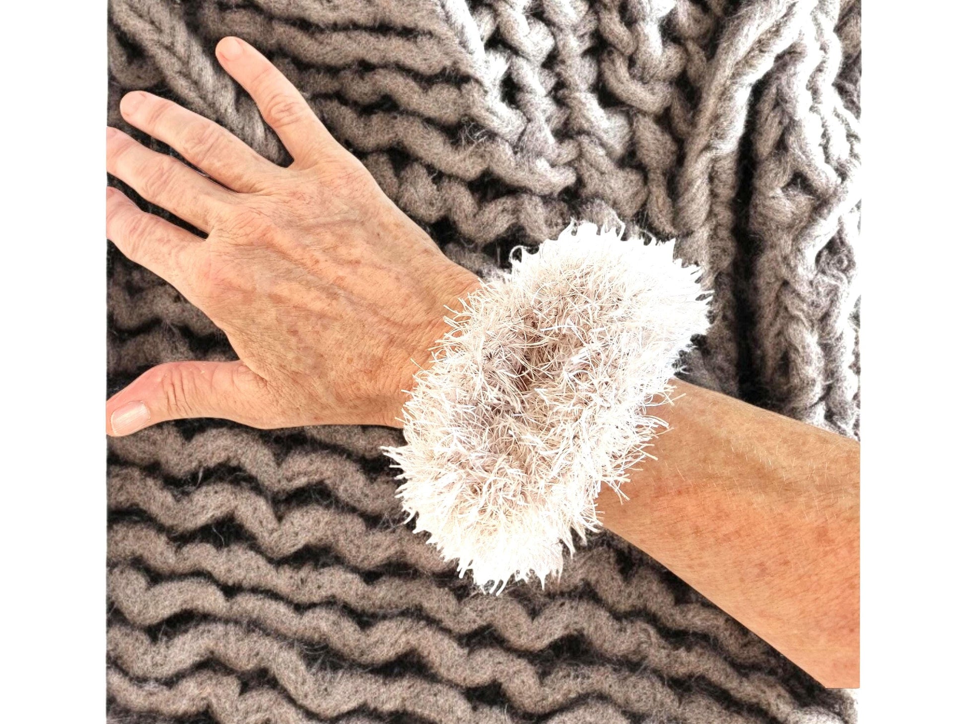 Chunky White Faux Fur Crochet Bracelet - Fluffy Cuff Bangle - StepToLight