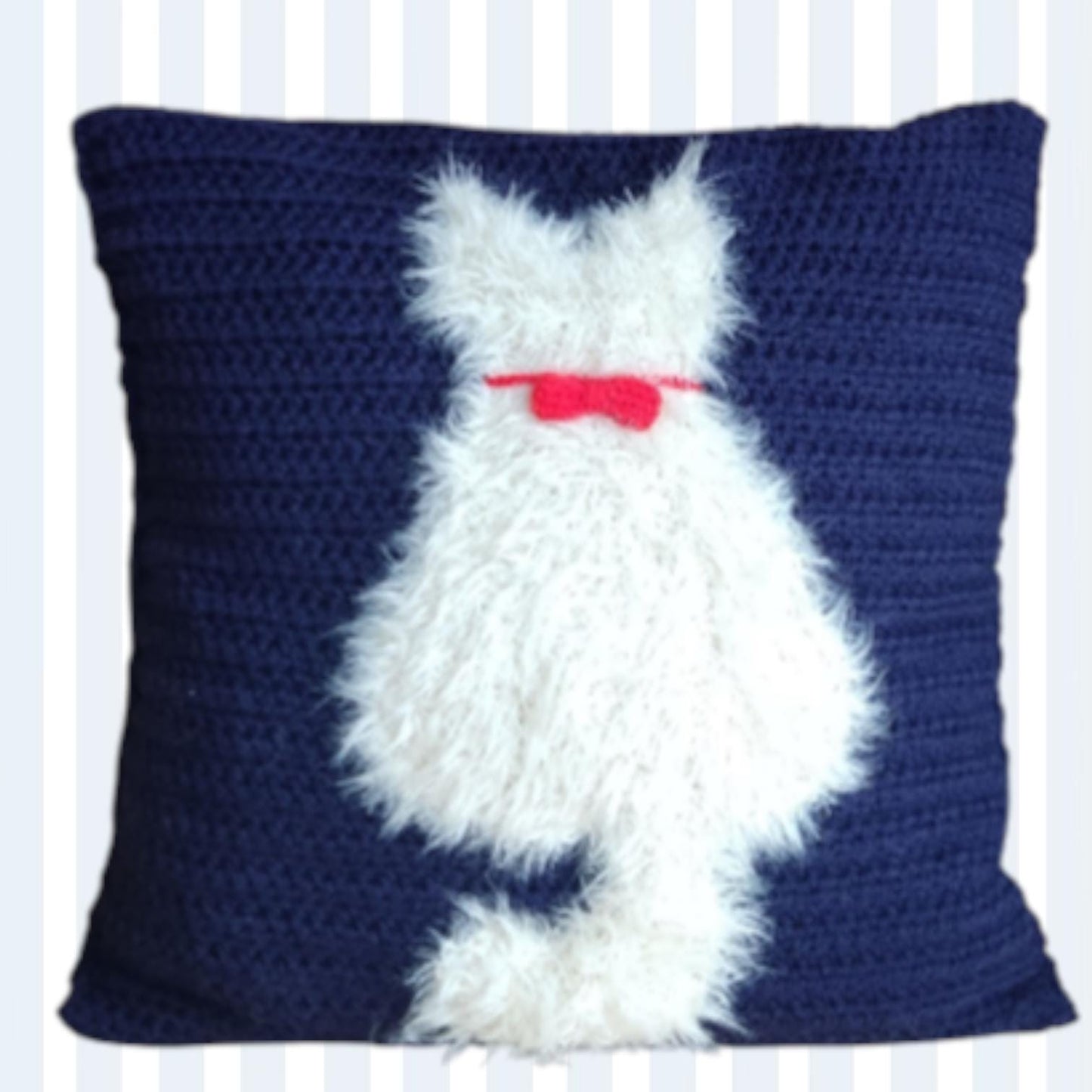 Crochet Cat Pillow Cover - Handmade Navy Blue with Fluffy White Cat (50x50cm) - StepToLight