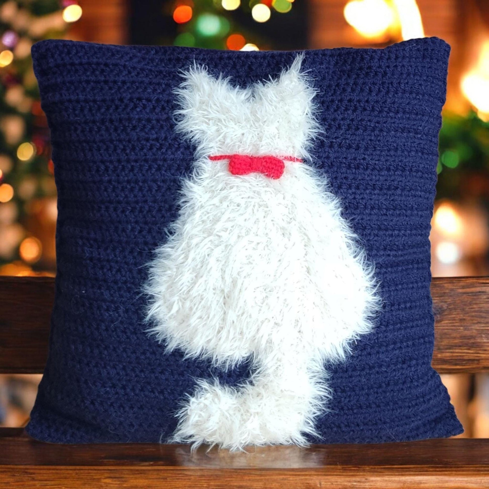 Crochet Cat Pillow Cover - Handmade Navy Blue with Fluffy White Cat (50x50cm) - StepToLight
