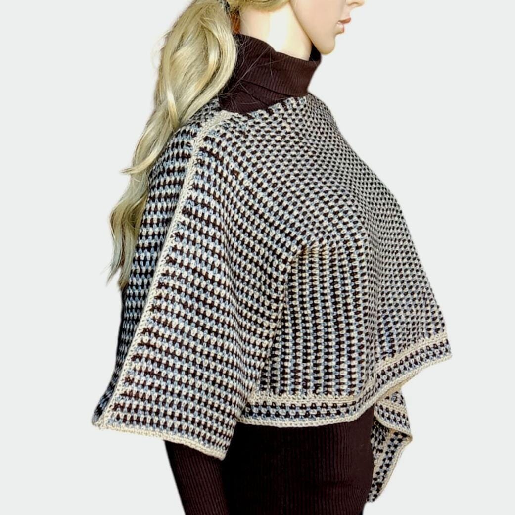 Crochet Crop Top Sweater - Black White Gray Striped Poncho with Wide Sleeves - StepToLight