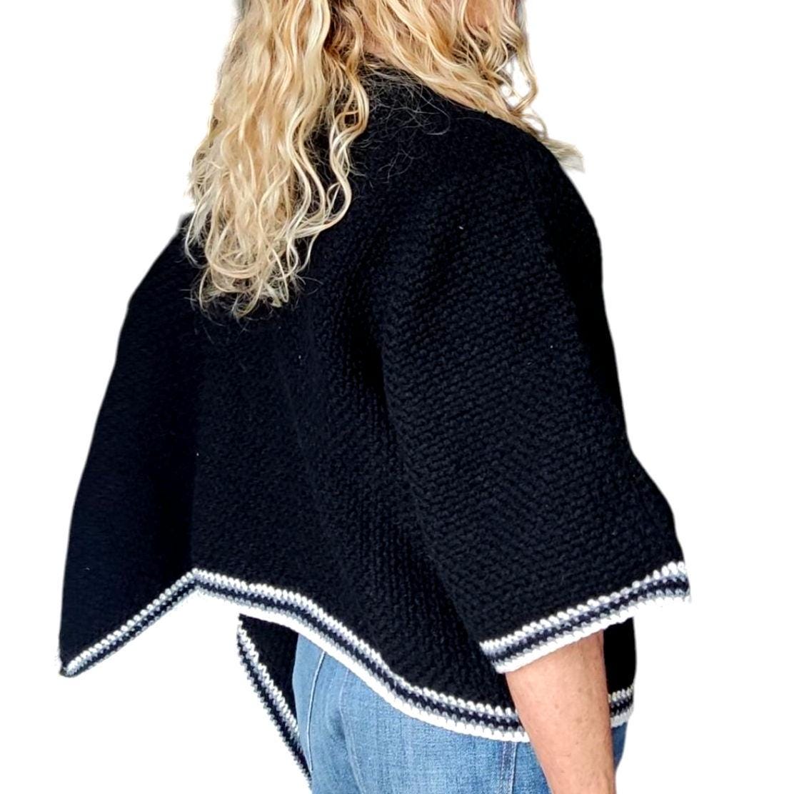Crochet Crop Top Sweater - Black White Gray Striped Poncho with Wide Sleeves - StepToLight