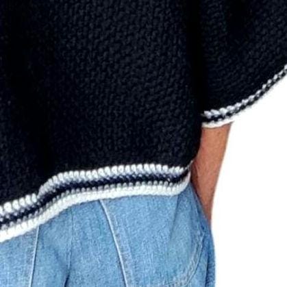 Crochet Crop Top Sweater - Black White Gray Striped Poncho with Wide Sleeves - StepToLight