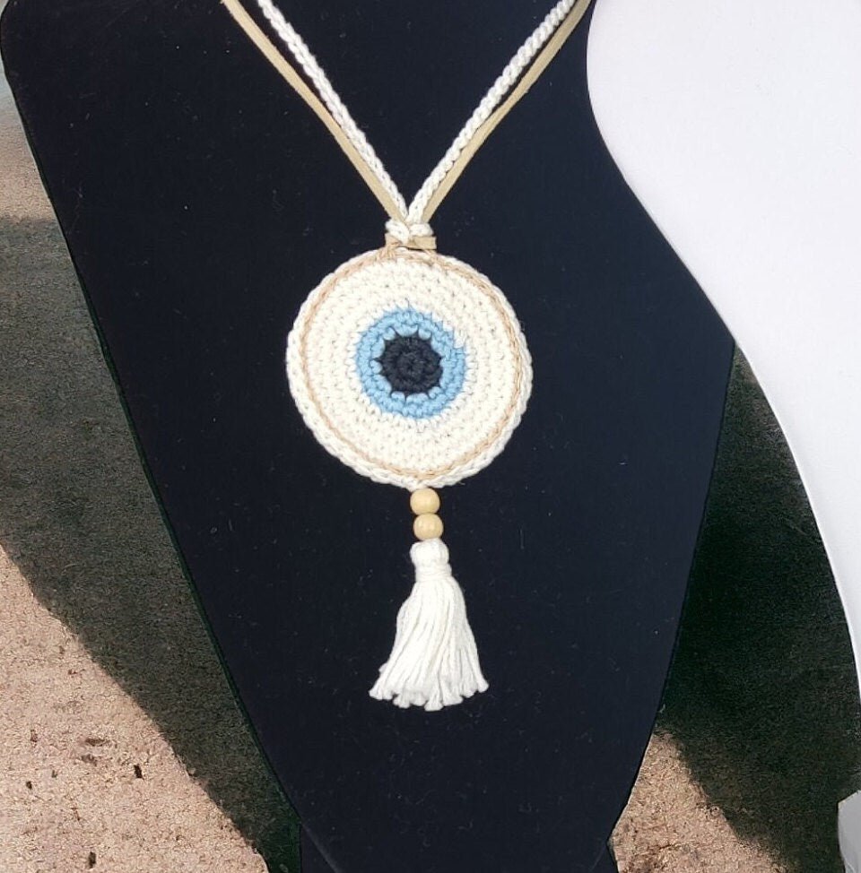 Crochet Evil Eye Necklace - Boho Statement Pendant with Tassel, Protection Jewelry - StepToLight
