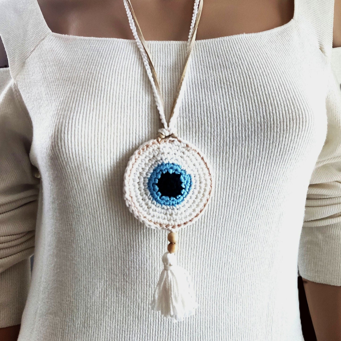 Crochet Evil Eye Necklace - Boho Statement Pendant with Tassel, Protection Jewelry - StepToLight
