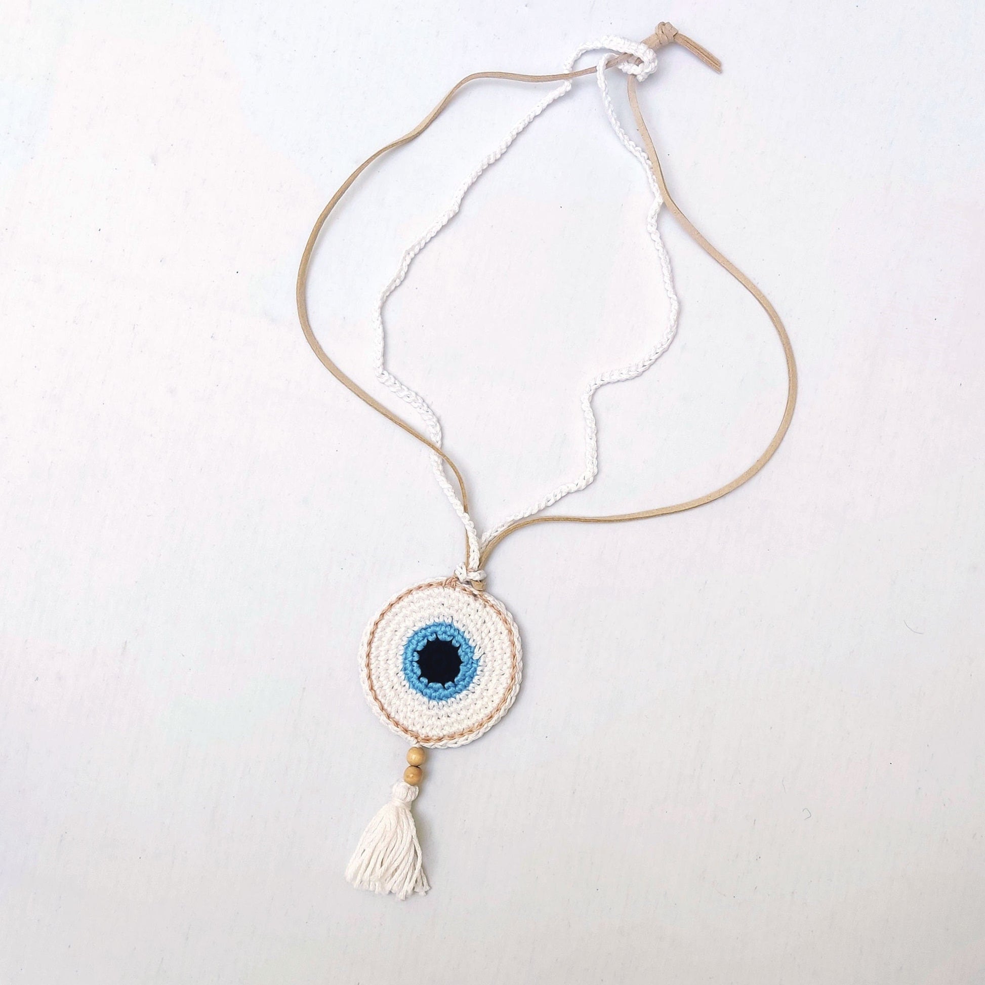 Crochet Evil Eye Necklace - Boho Statement Pendant with Tassel, Protection Jewelry - StepToLight